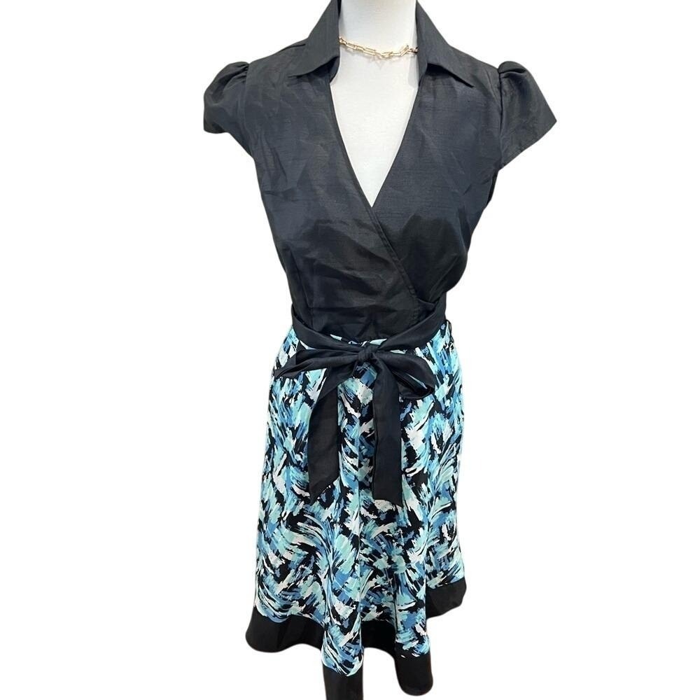 Karin Stevens Faux Wrap Midi Dress Puff Sleeve Abstract Print Blue Black Size 6